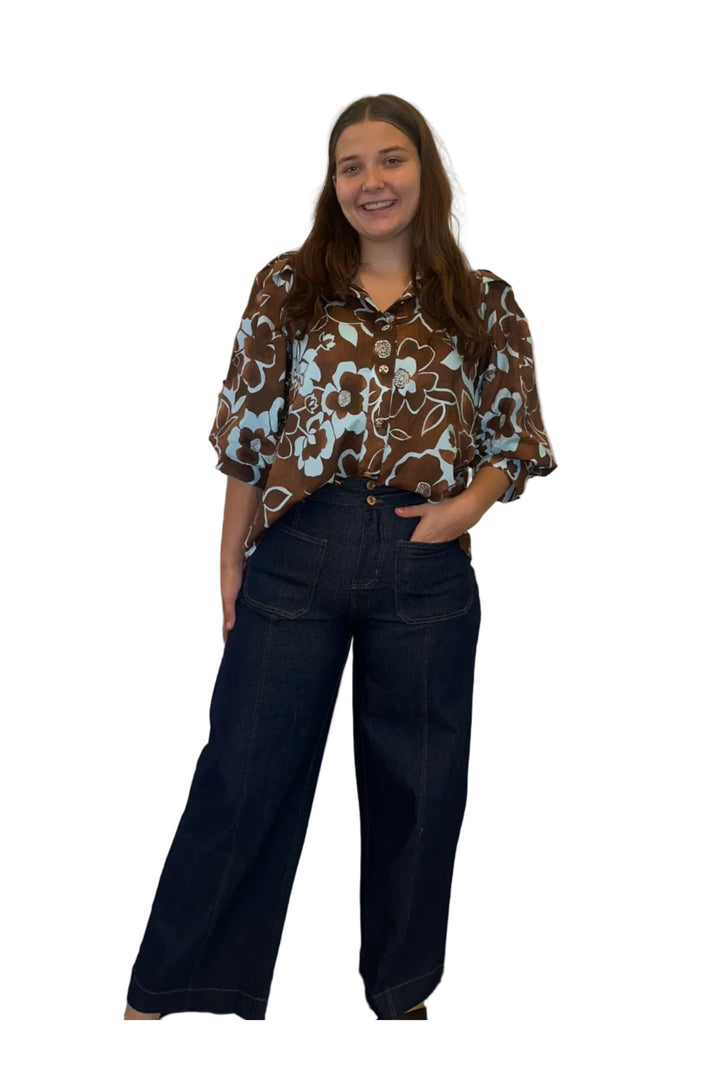 Entro Chocolate Brown &amp; Blue Floral Button-Up Blouse