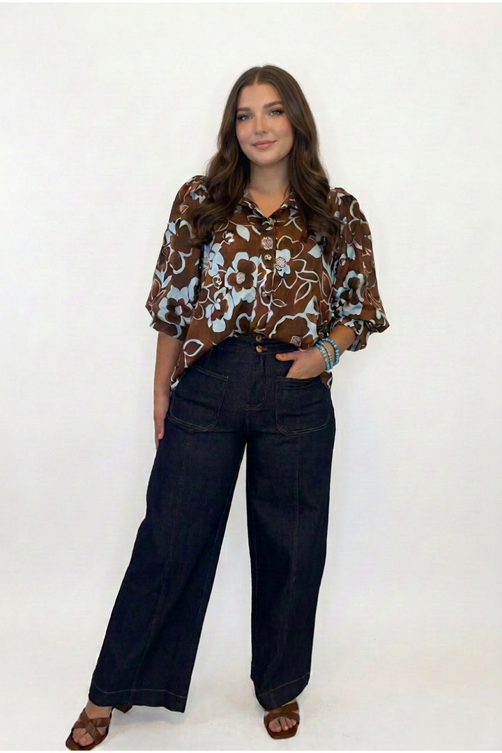 Entro Chocolate Brown &amp; Blue Floral Button-Up Blouse