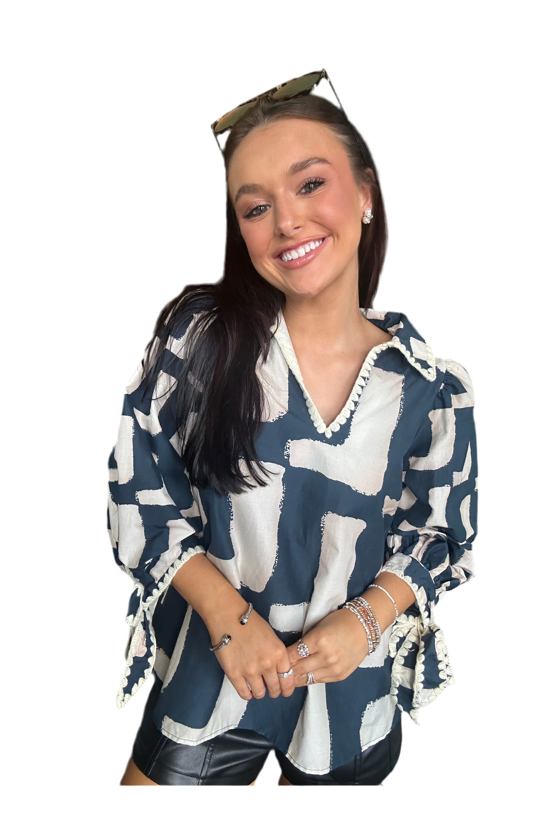 Entro Navy Abstract Print Puff Sleeve Top with Split Neck & Self Tie – Effortlessly Chic Everyday Style