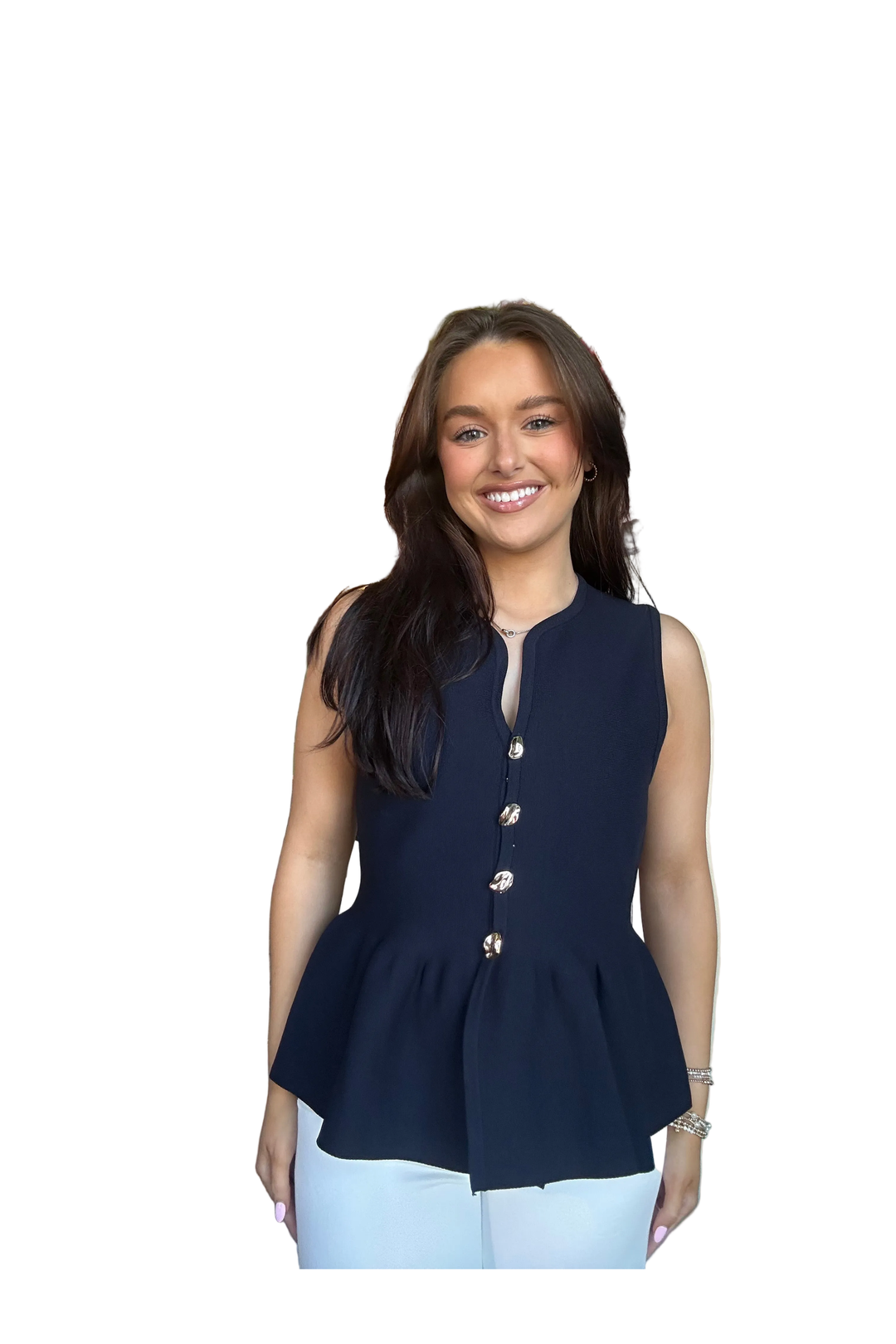 Navy Button Front Peplum Top | Sleeveless Ruffle Hem Blouse with Gold Buttons by Entro - Vintage Dragonfly Boutique