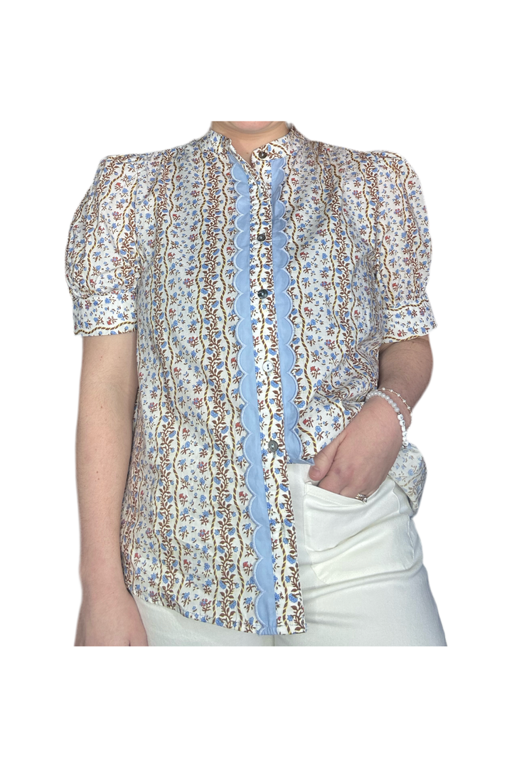 Entro Cream Top w/ Baby Blue & Brown Floral Print - Vintage Dragonfly Boutique
