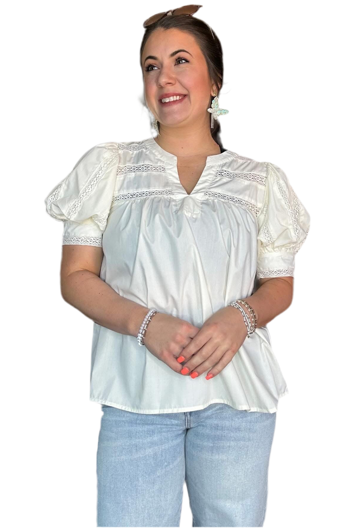Cream V-neck Short Puff Sleeve Top - Vintage Dragonfly Boutique