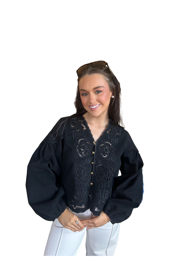 Aaron & Amber Embroidered Denim Jacket – Black Boho Style Layering Piece