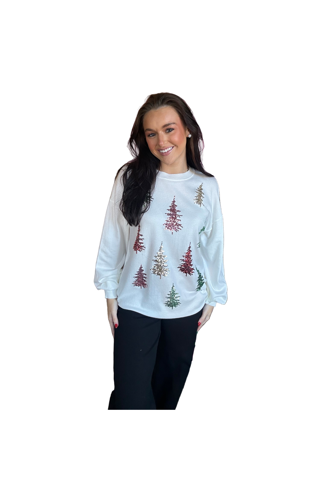 Vine & Love Sequin Tree Sweater – Holiday Balloon Sleeve Top for Women