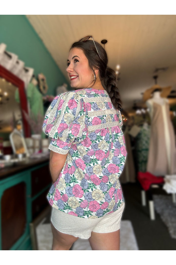 Cream Mix Floral Short Puff Sleeve Top - Vintage Dragonfly Boutique