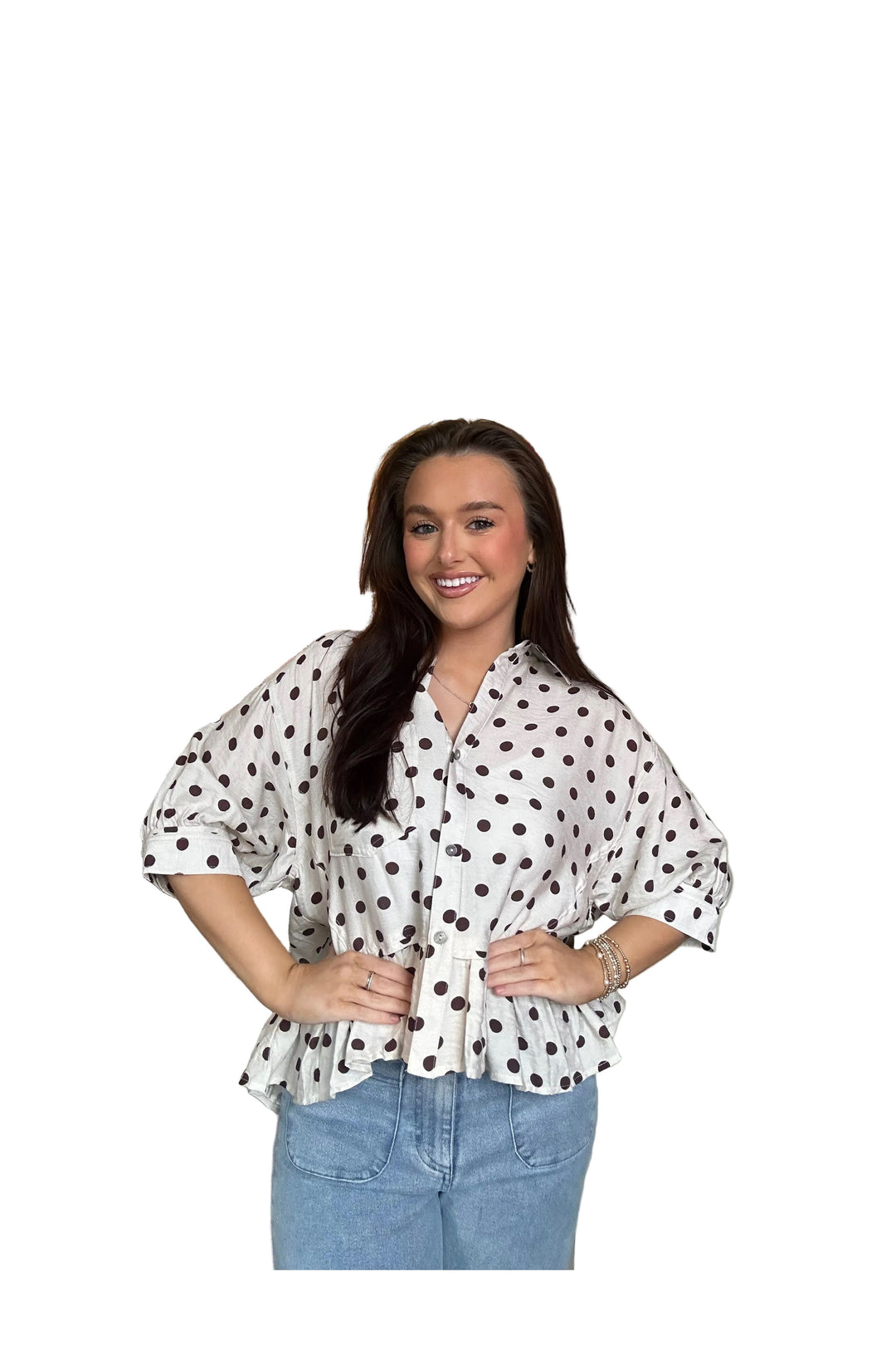 Entro Cream Polka Dot Ruffle Hem Button Down Top - Vintage Dragonfly Boutique
