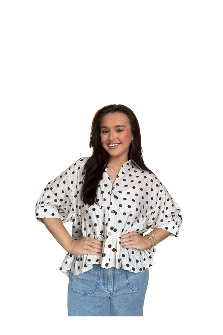 Entro Cream Polka Dot Ruffle Hem Button Down Top - Vintage Dragonfly Boutique