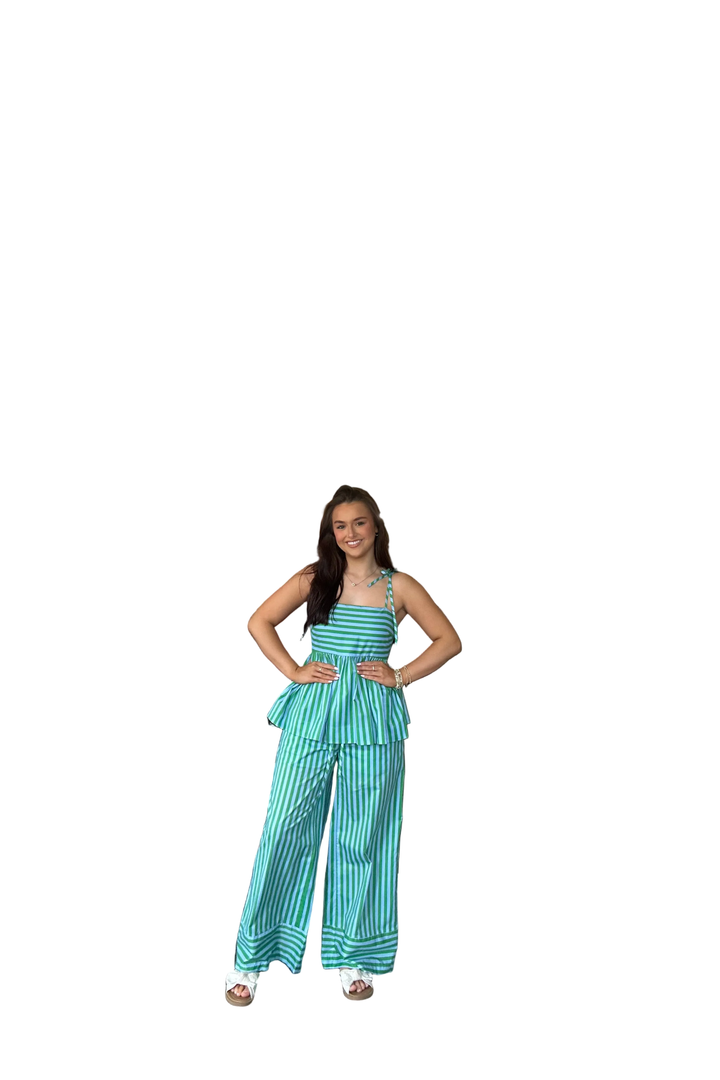 Entro Green Stripe Matching Set – Wide Leg Pants &amp; Peplum Top | Effortless Summer Outfit - Vintage Dragonfly Boutique