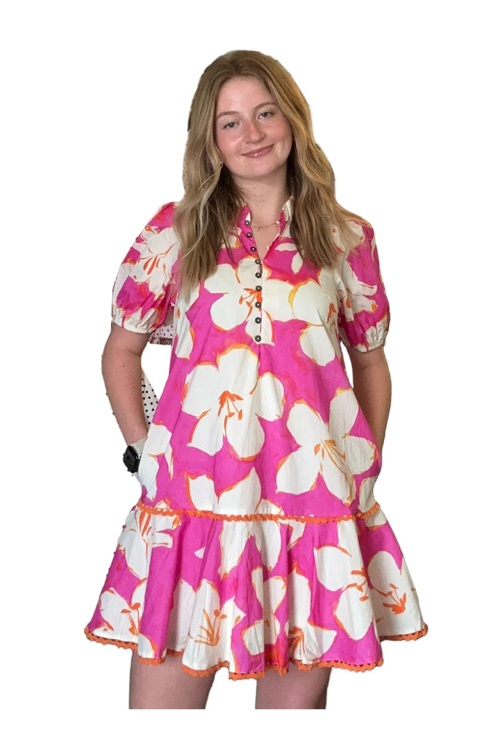 Entro Tropical Floral Mini Dress – Pink Floral Button Front Dress - Vintage Dragonfly Boutique