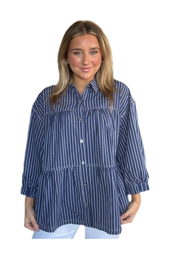 Entro Navy Striped Button Front Blouse – Flirty Everyday Top with Waist Seam & ¾ Sleeves
