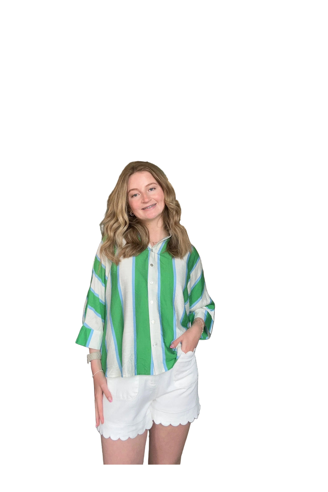 Entro Striped Button-Up Top – Green with White Relaxed Fit Blouse - Vintage Dragonfly Boutique