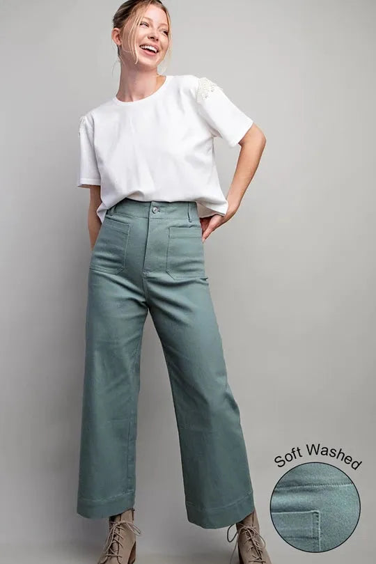 Sage Soft Wash Wide Leg Pants - Vintage Dragonfly Boutique