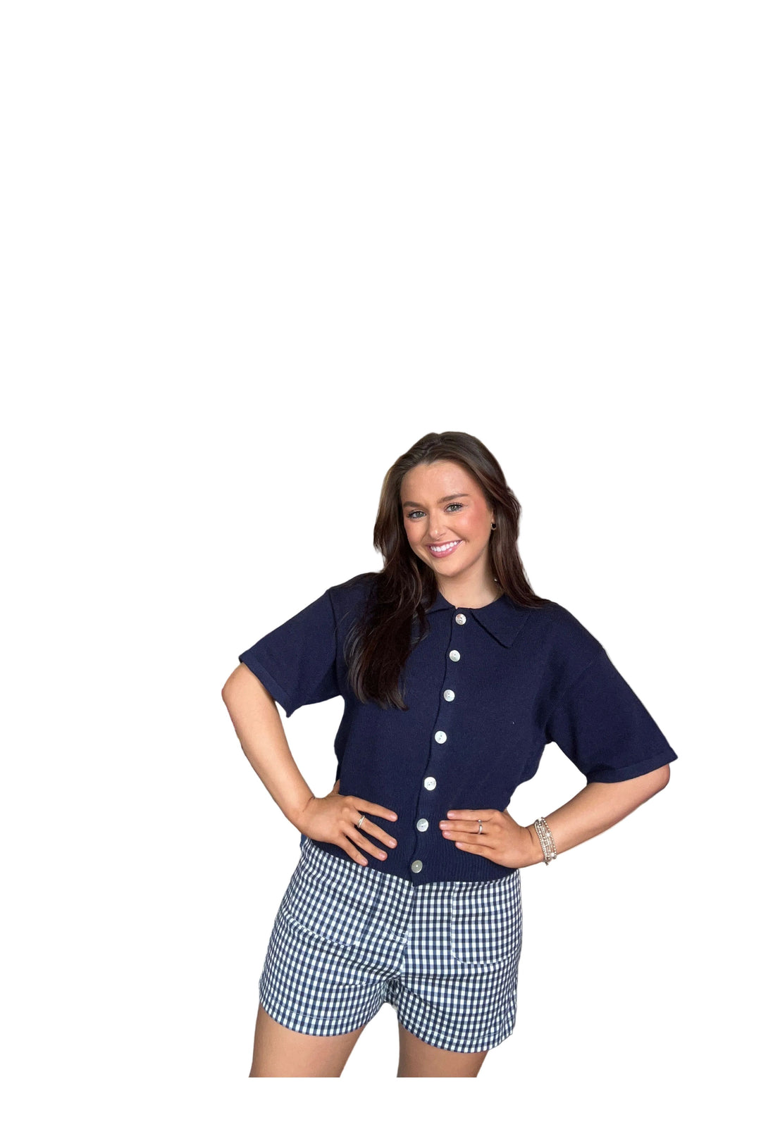 Entro Off White or Navy Short Sleeve Button Front Sweater Top - Vintage Dragonfly Boutique