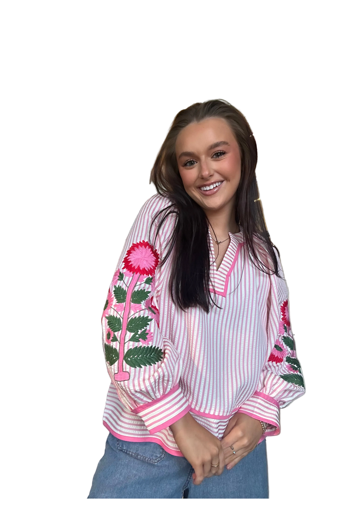 Entro Embroidered Striped Split Neck Top | Available in Blue & Pink