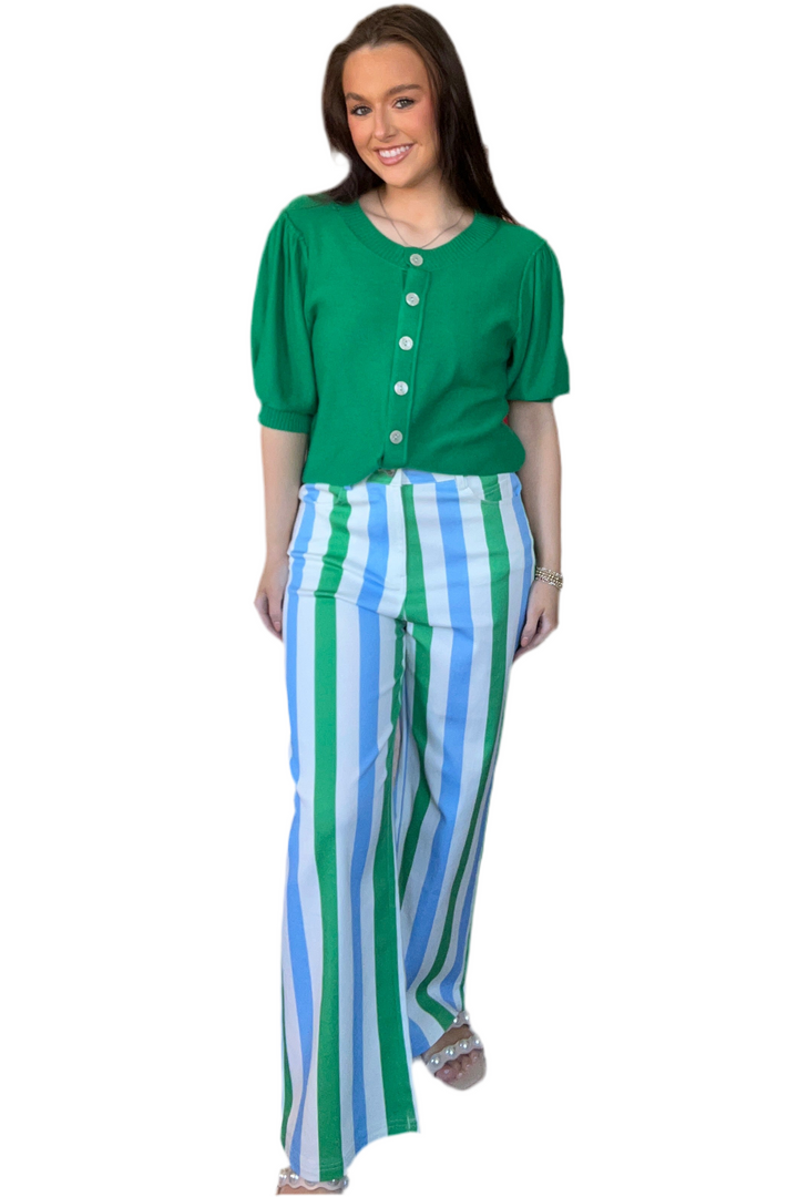 Entro Blue Green White Striped Pants with Classic Jean Pockets - Vintage Dragonfly Boutique
