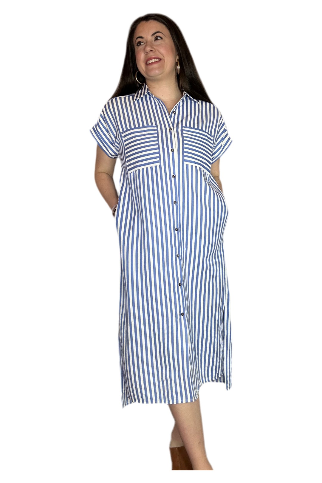 Entro Cream and Blue Striped Midi Dress