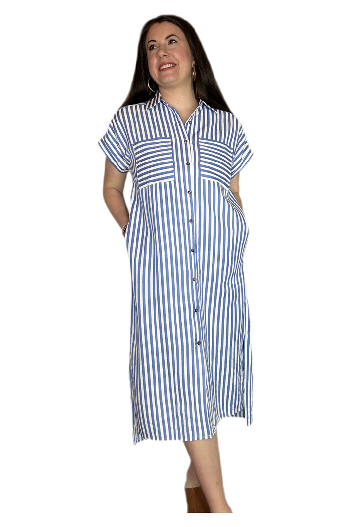 Entro Cream and Blue Striped Midi Dress
