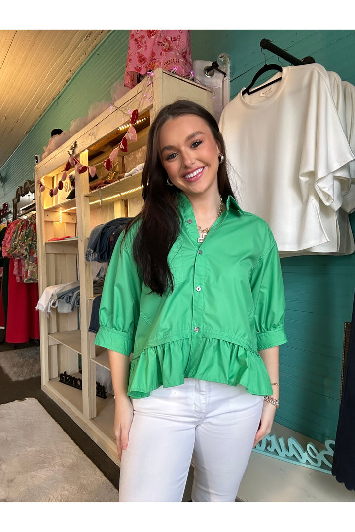 Entro Solid Print  3/4 L Sleeve Ruffle Hem Top