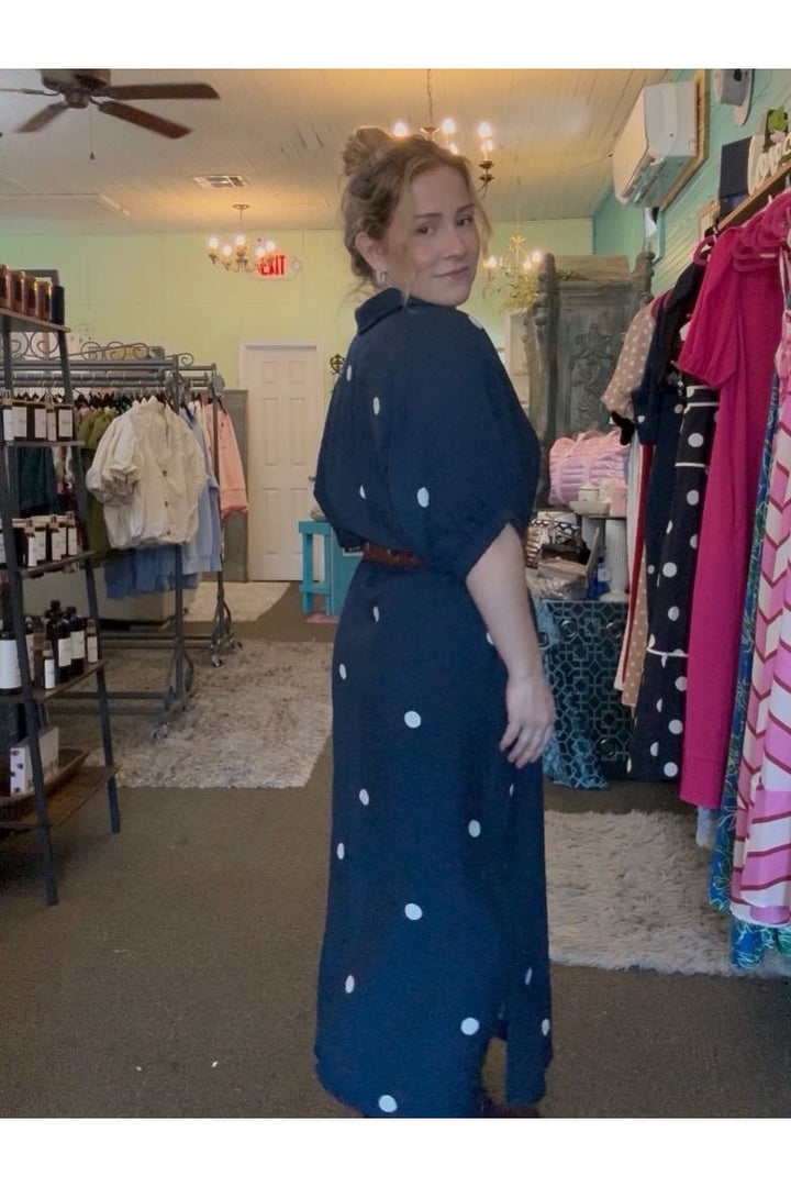 Entro Navy Polka Dot Midi Dress | Classic Women’s Boutique Dress - Vintage Dragonfly Boutique