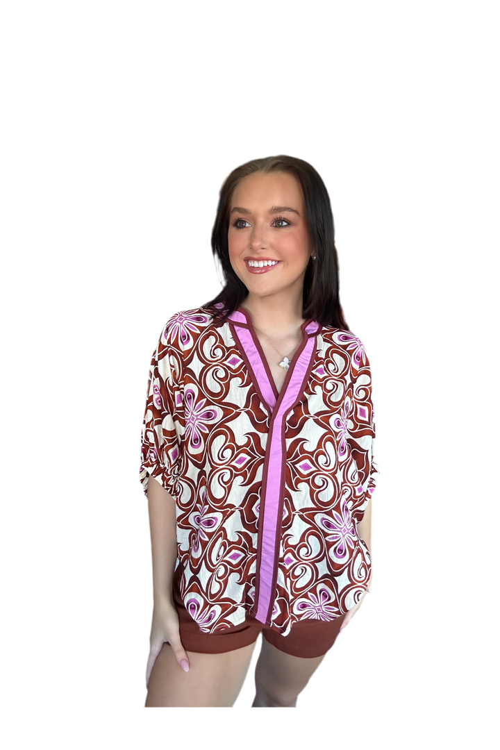 Retro Abstract Print Blouse with Pink Contrast V-Neck - Vintage Dragonfly Boutique