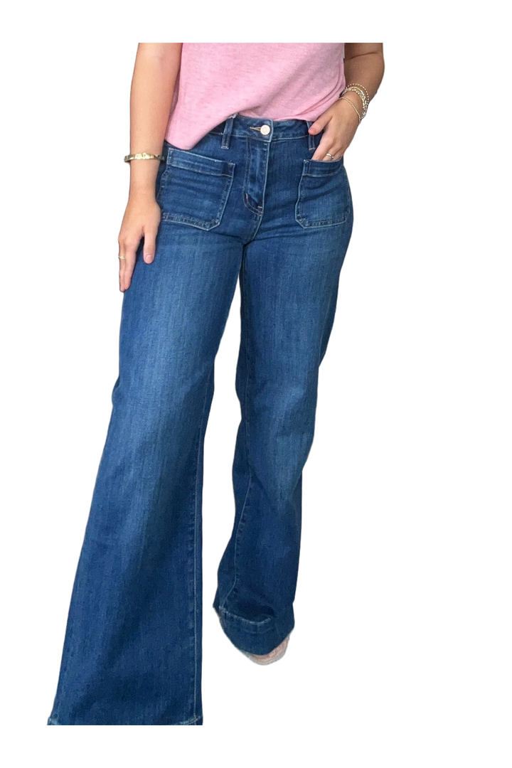 Flying Monkey High Rise Patch Pocket Wide Leg Jeans – Dark Wash Trouser Hem Denim - Vintage Dragonfly Boutique