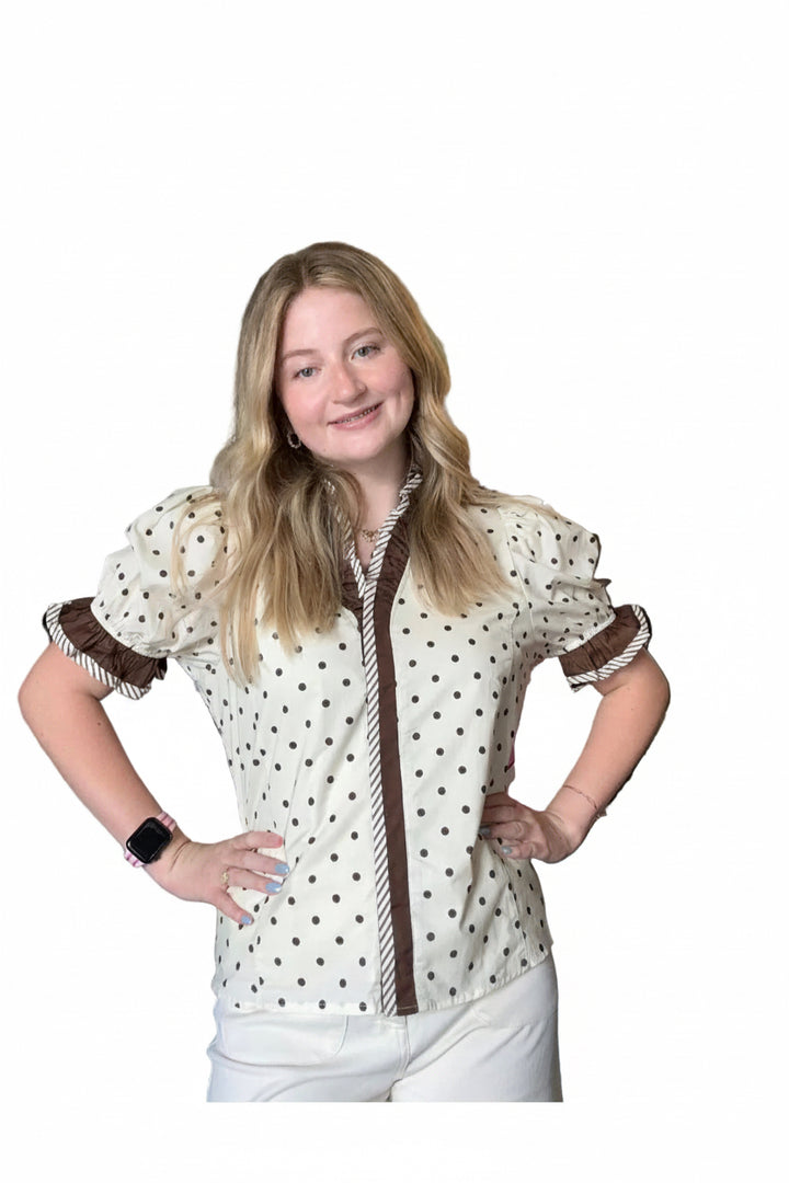Entro Cream Polka Dot Puff Sleeve Blouse with Brown Trim - Vintage Dragonfly Boutique