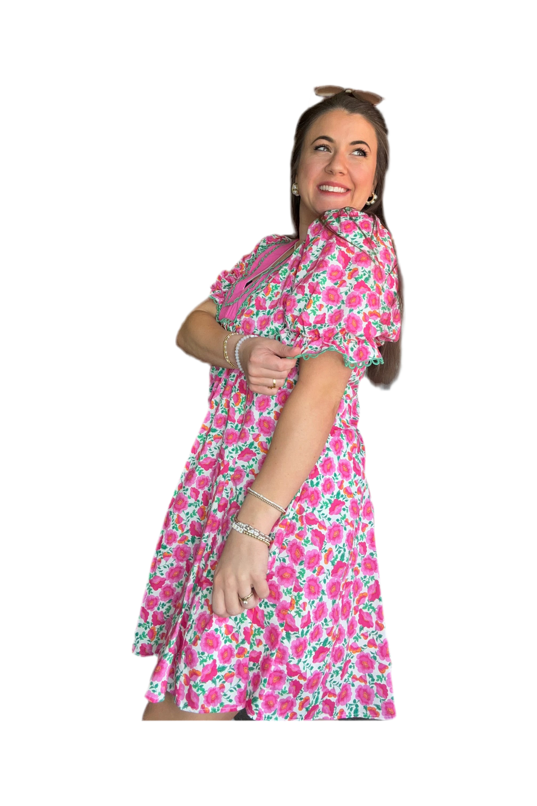 Pink Floral Short Bubble Sleeve Vneck Dress