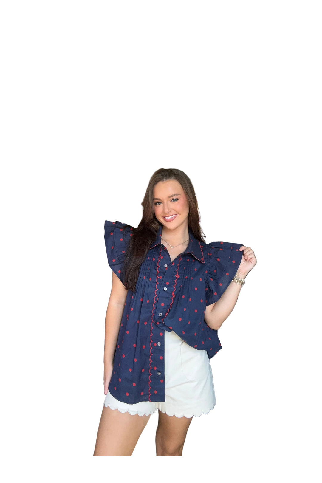 Entro Navy and Red Ruffle Sleeve Button-Down Blouse - Vintage Dragonfly Boutique