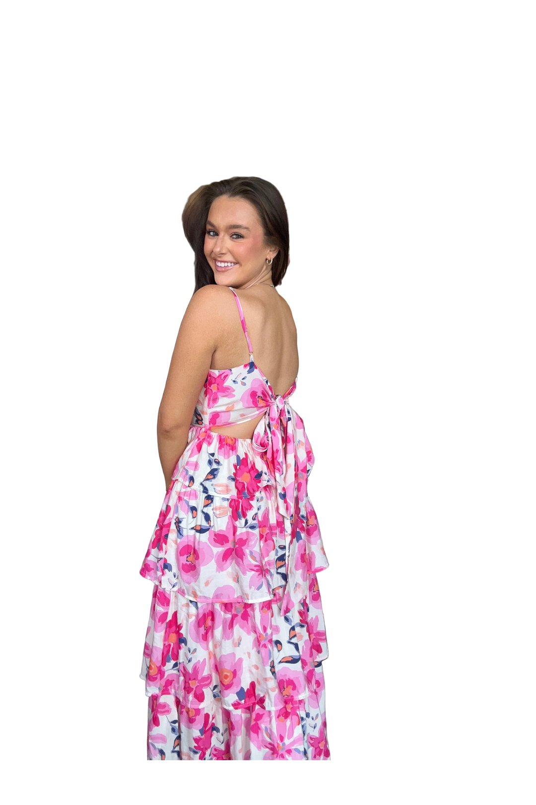TCEC Pink Floral Layered Midi Dress – Open Back Tie Detail - Vintage Dragonfly Boutique