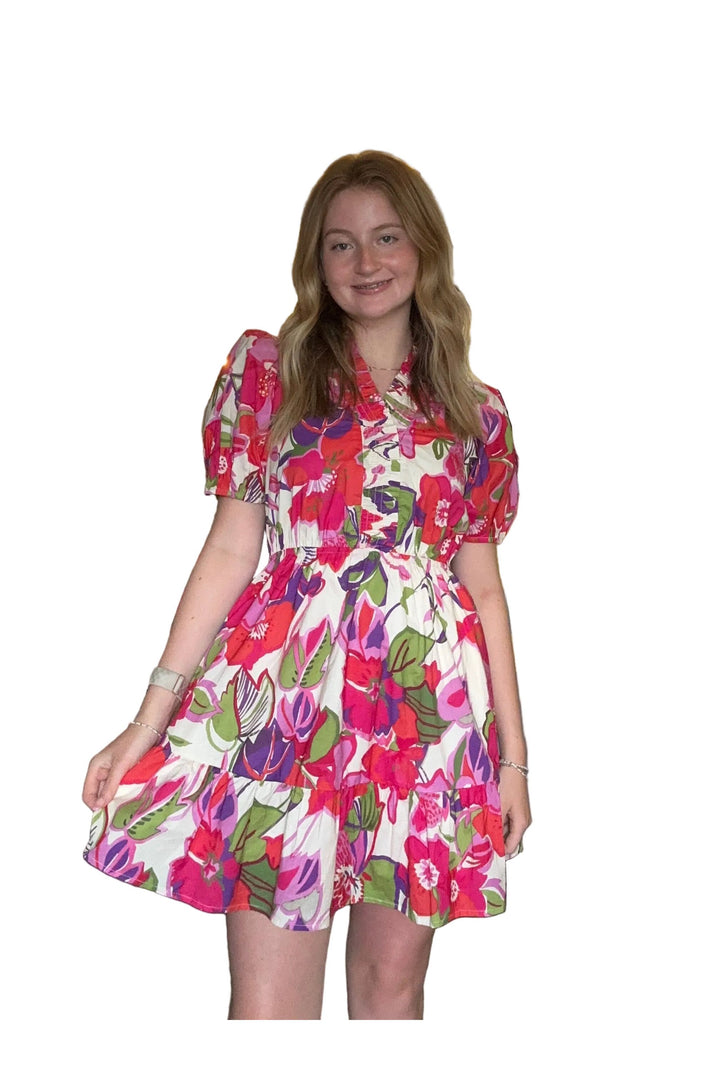 Entro Cream Floral Mini Dress – Pink Multi Floral Boutique Dress - Vintage Dragonfly Boutique