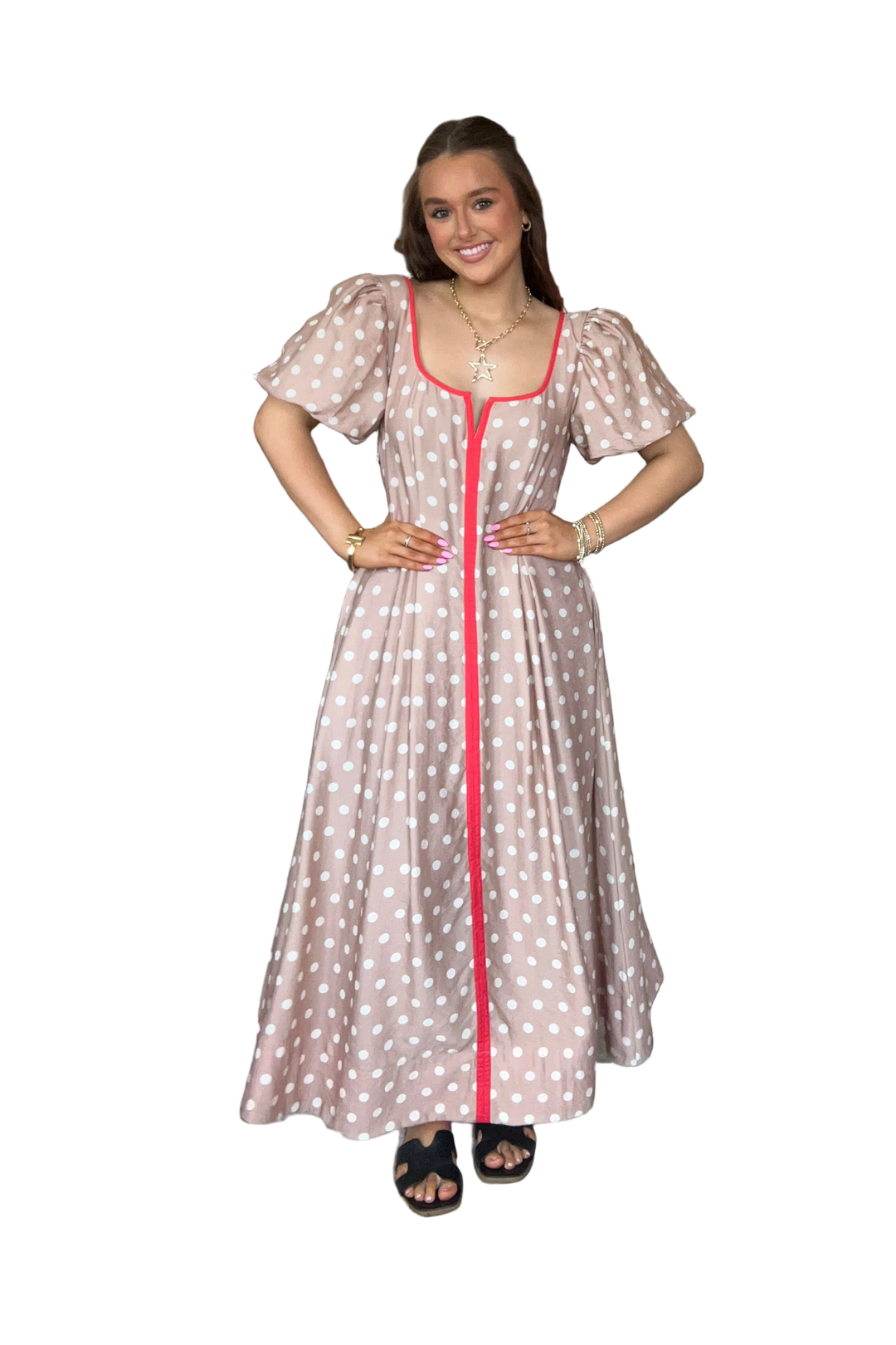 entro midi dress Entro Taupe Polka Dot Puff Sleeve Midi Dress with Red Trim Large