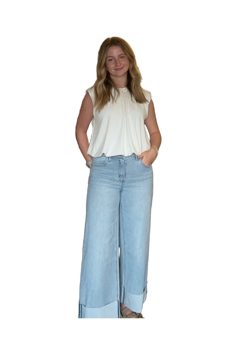 Vervet High Rise Cropped Wide Leg Stripe Jeans by Flying Monkey - Vintage Dragonfly Boutique