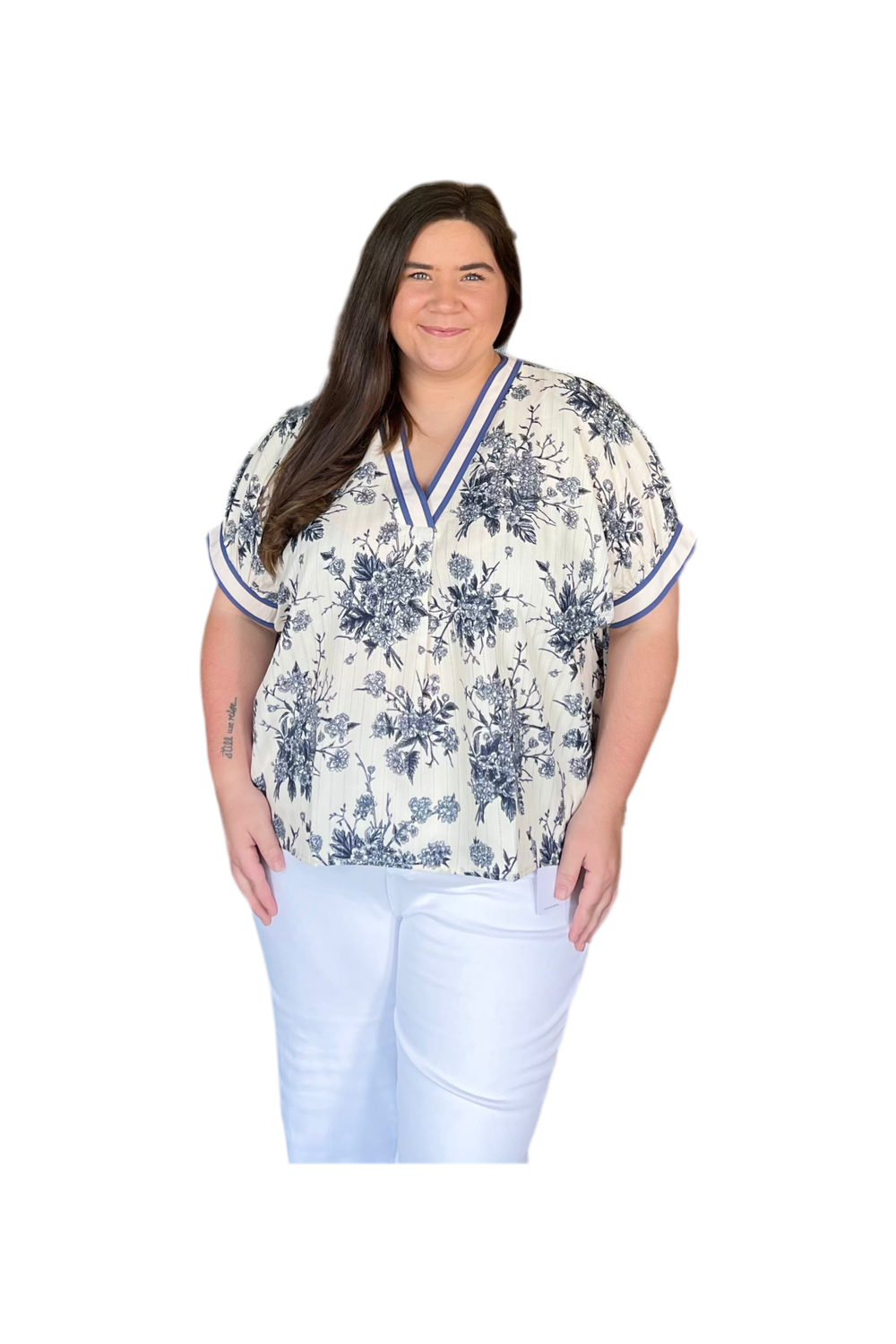 Entro Navy Blue Gray Split Neck Dolman Sleeve Top - Vintage Dragonfly Boutique