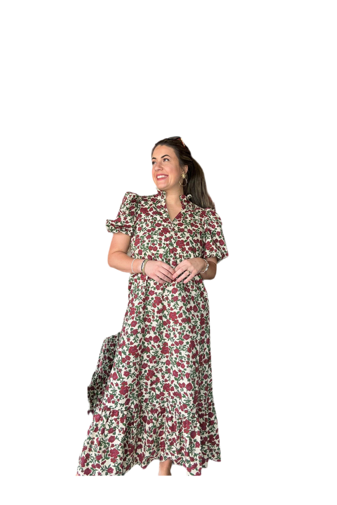 Romantic Floral Midi Dress with Bubble Sleeves - By Entro - Vintage Dragonfly Boutique