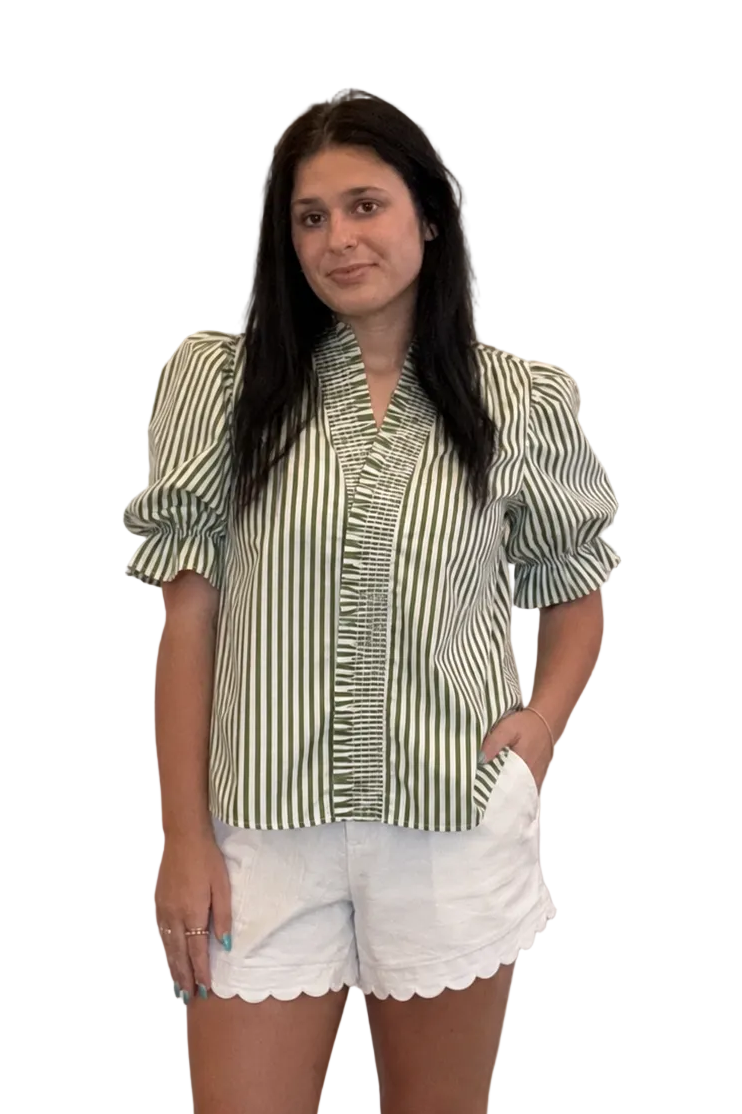 Entro Olive Stripe Puff Sleeve Ruffle Top