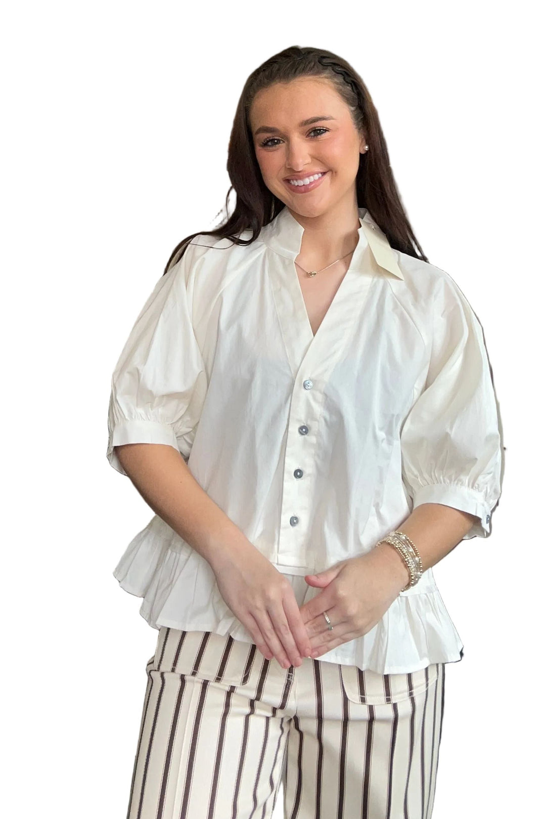 Entro Ruffle Hem Button Front Blouse – Cream &amp; Forest Green - Vintage Dragonfly Boutique
