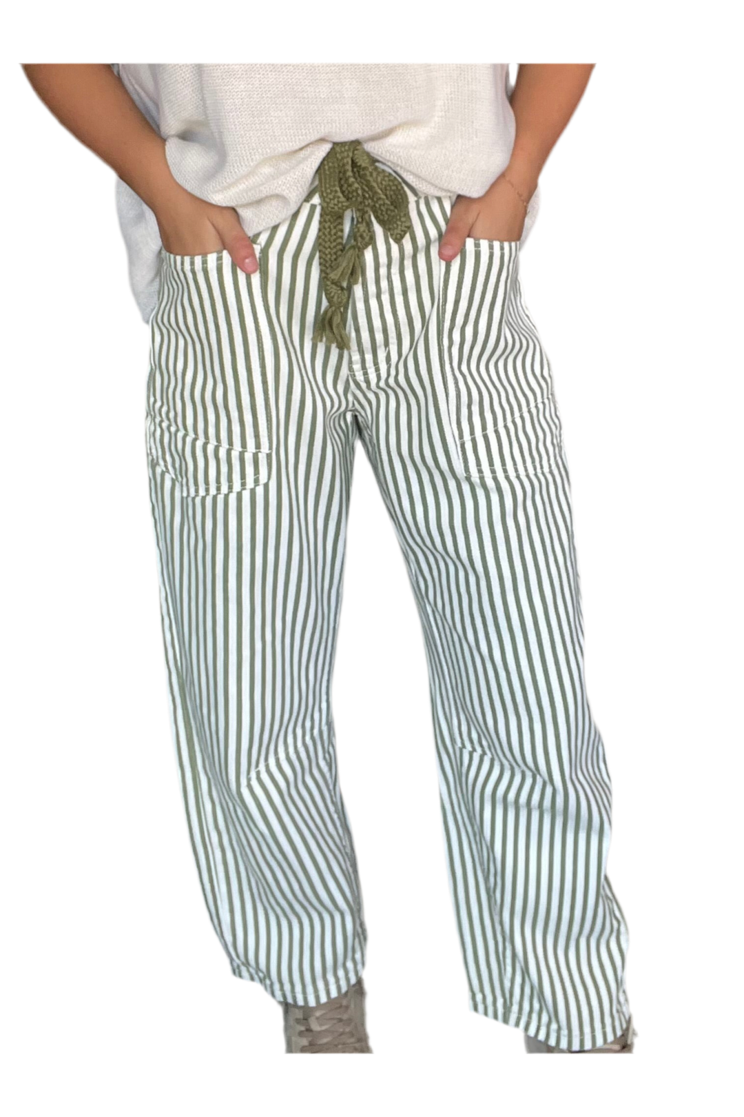 Olive Striped Barrel Pants – Effortless Cool by Aaron & Amber - Vintage Dragonfly Boutique