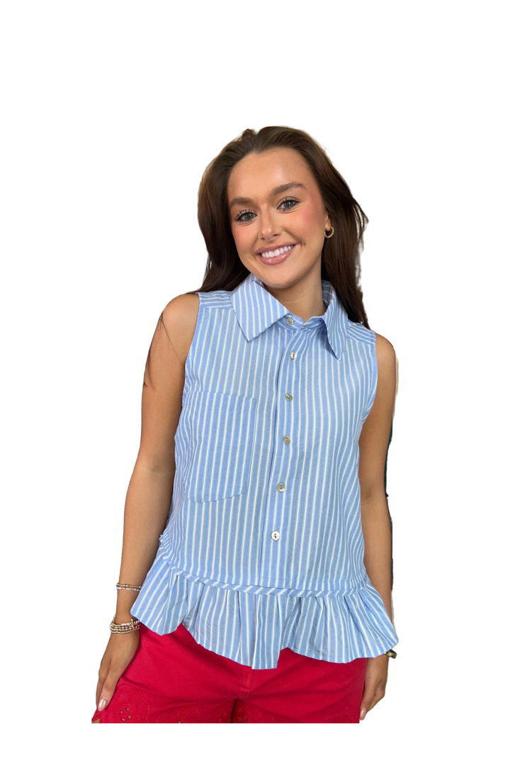 ENTRO Striped Sleeveless Button Front Top with Ruffle Hem – Navy & Blue - Vintage Dragonfly Boutique