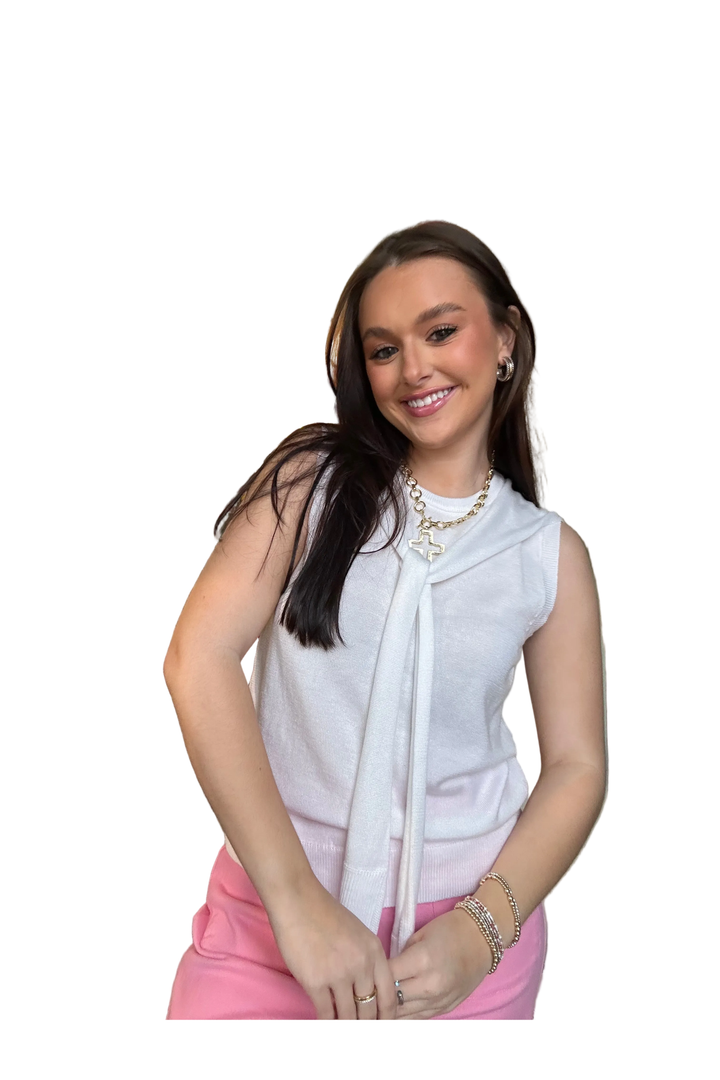 Ivory or Red Sleeveless Round Neck Sweater Top with Built-In Faux Sweater Tie by Entro