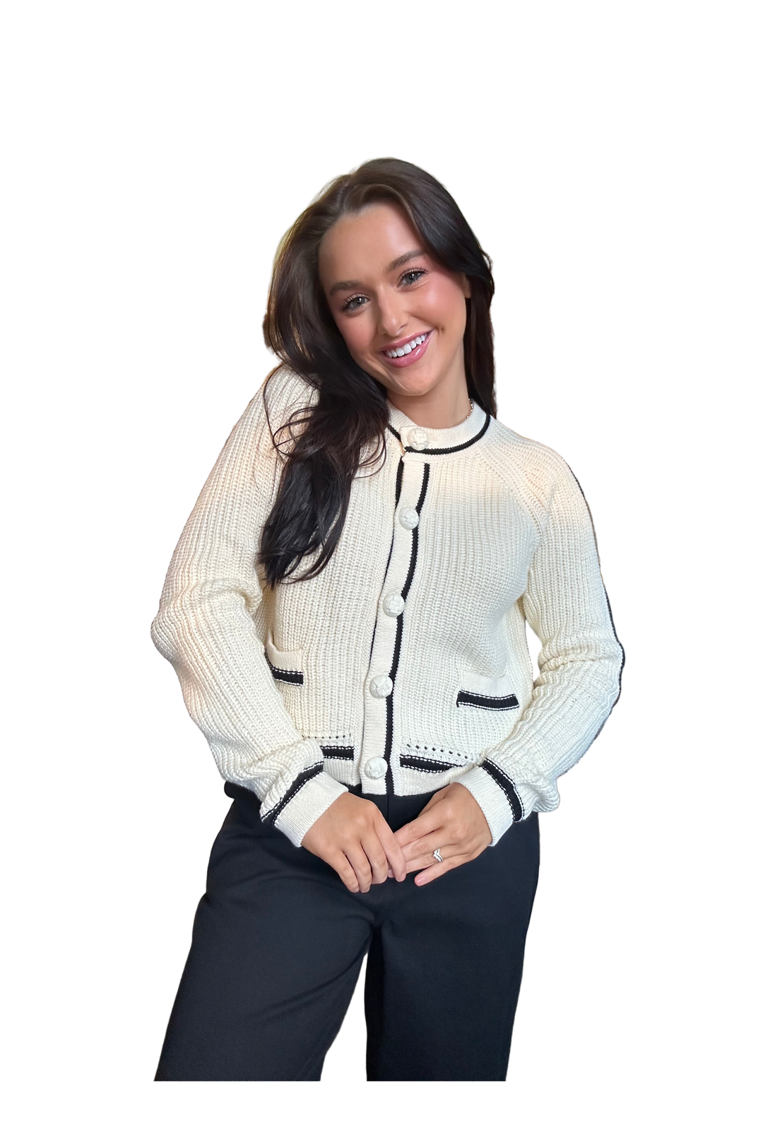 Butter Cream Button-Front Cardigan with Black Trim | Aaron & Amber