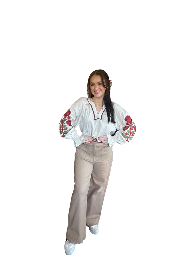 Entro High-Waisted Wide Leg Pants with Scalloped Trim – Cotton Spandex Blend