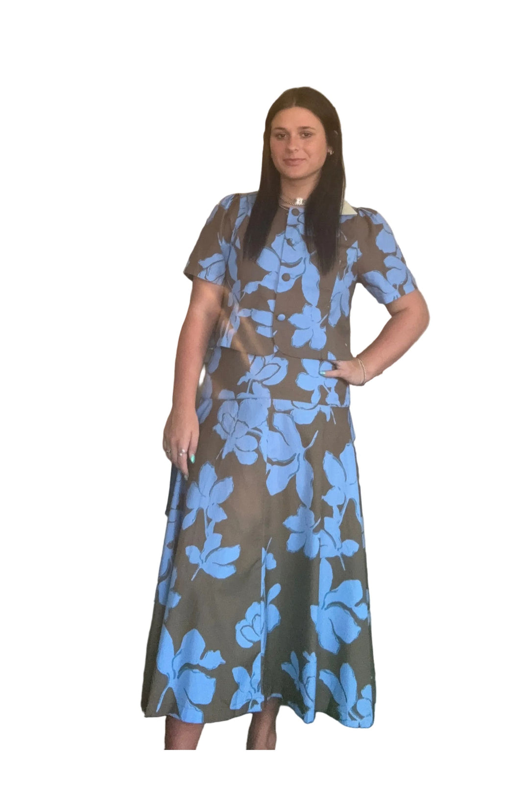Entro Blue Floral Chocolate Brown Midi Skirt