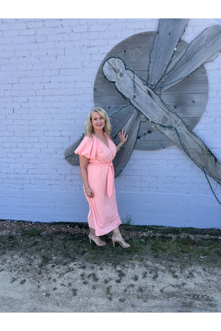 Zoe Peach V-neck Puff sleeve Midi Dress - Vintage Dragonfly Boutique