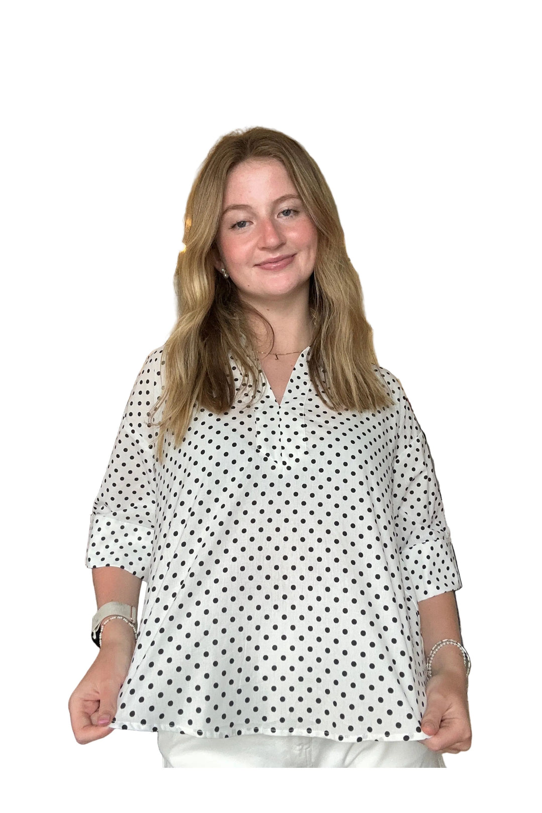 Entro White &amp; Black Polka Dot Collared Top – Classic Chic Blouse - Vintage Dragonfly Boutique