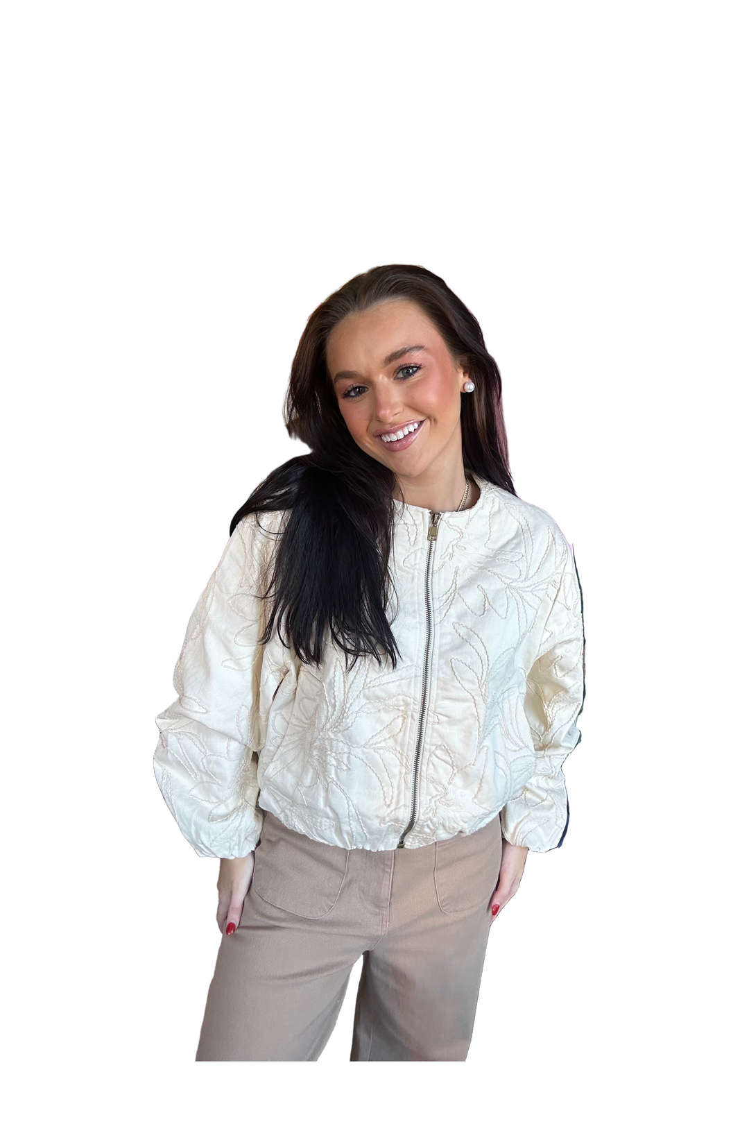Butter Cream Floral Embroidered Western Boho Bomber Cotton Jacket by Aaron & Amber
