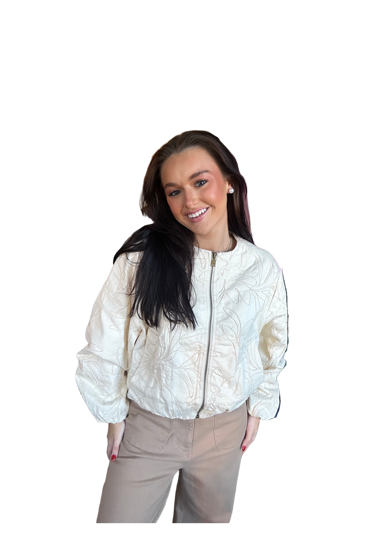 Butter Cream Floral Embroidered Western Boho Bomber Cotton Jacket by Aaron & Amber