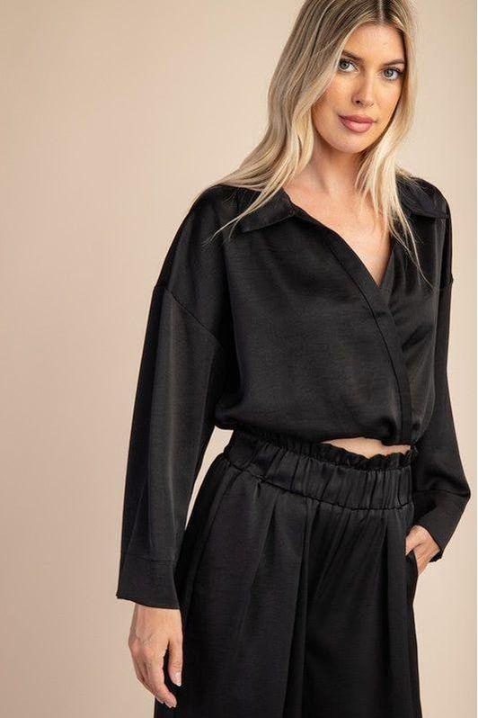 Glam Elastic Hem Long Sleeve Vneck Short Top - Vintage Dragonfly Boutique