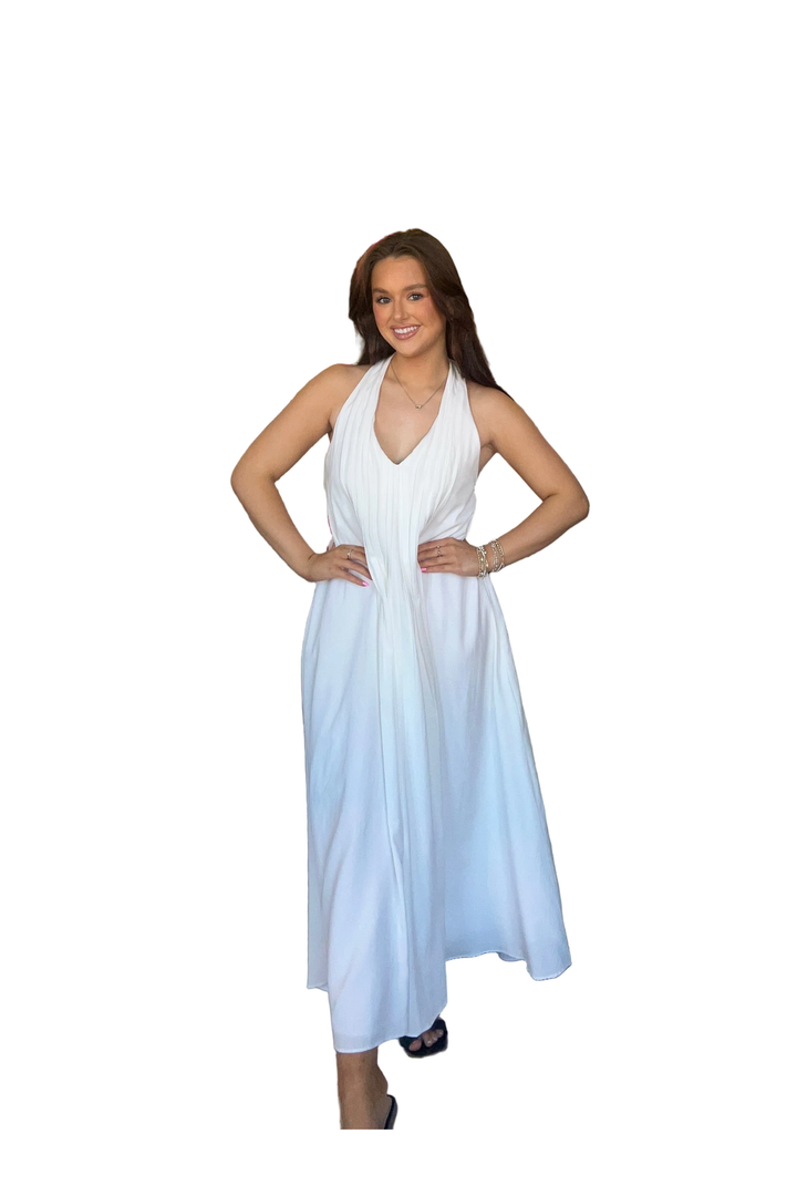 In February Off White Pleated Halter Midi Dress with Pockets - Vintage Dragonfly Boutique
