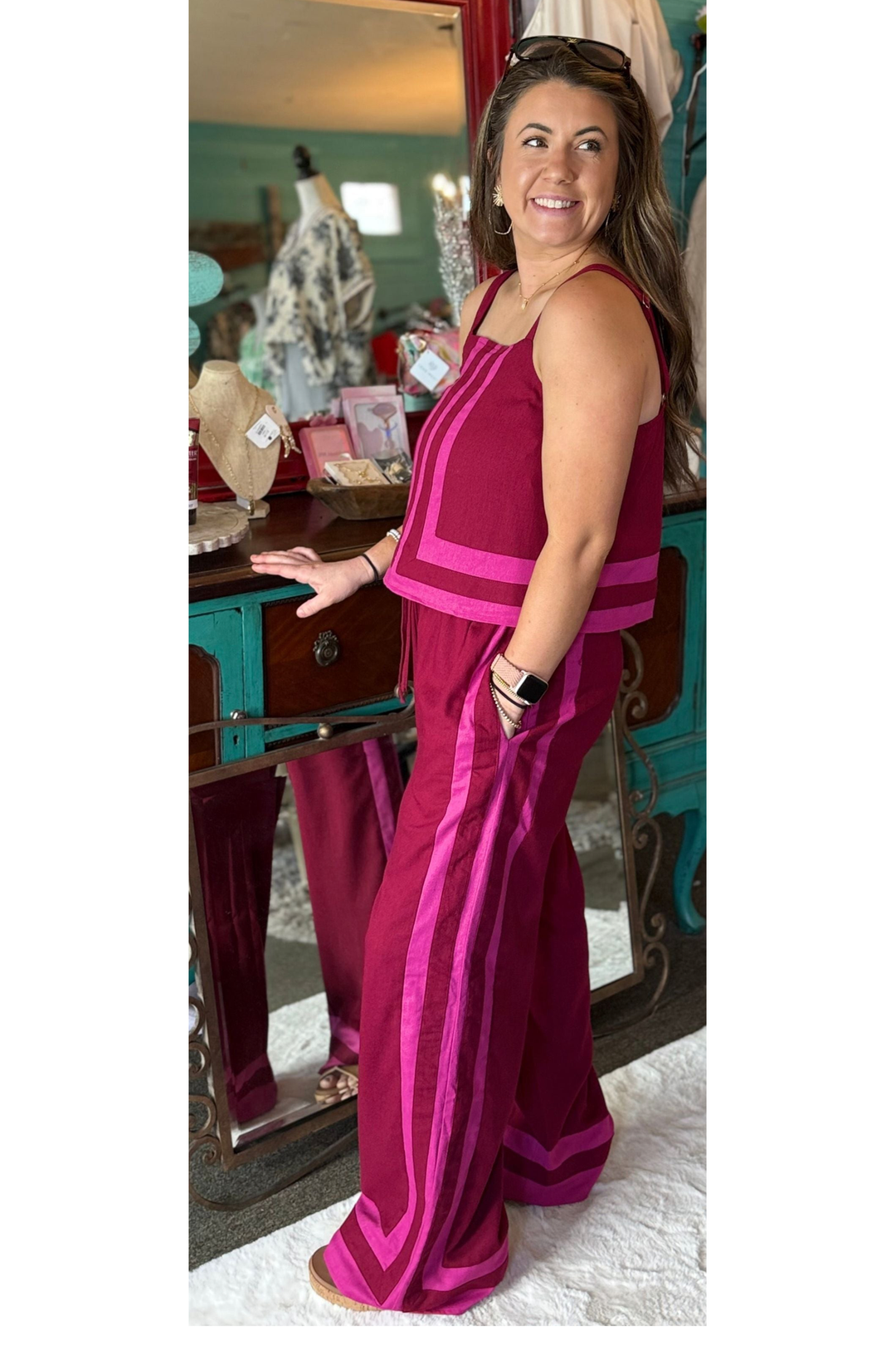 Maroon and Rose Accent Sleeveless Top and Wide Leg High Waist Bottoms Set - Vintage Dragonfly Boutique