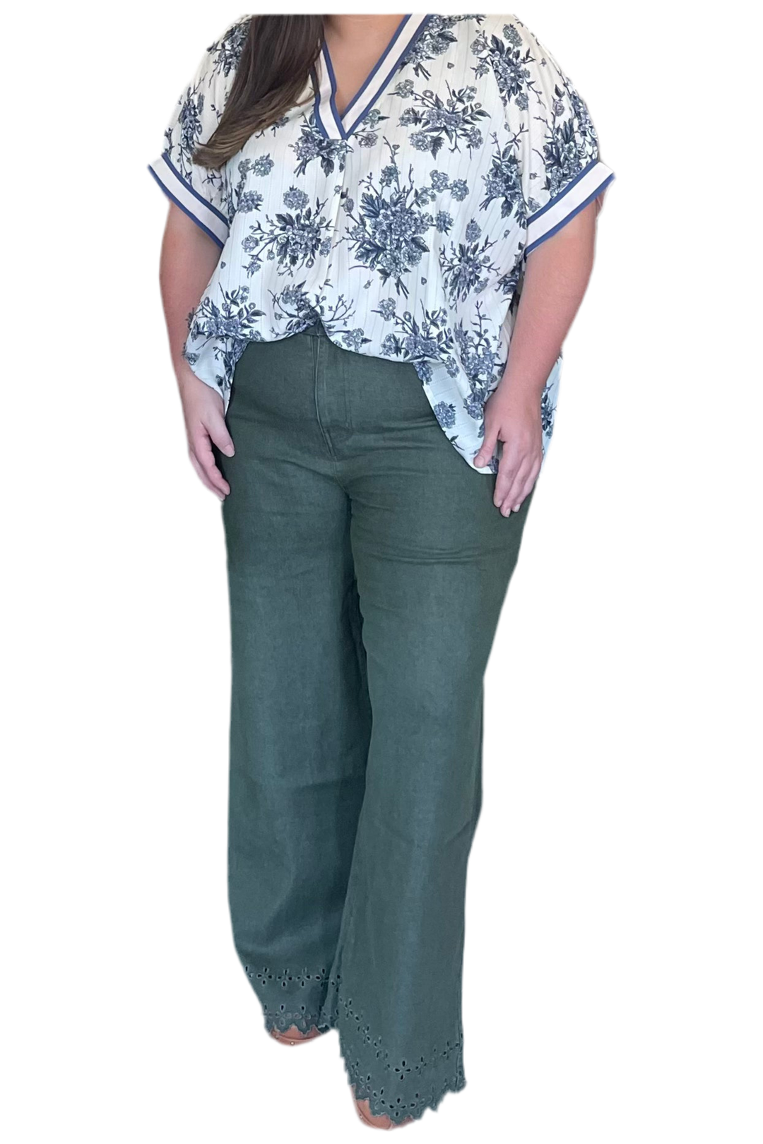 High Waist Embroidered Olive Pants – Flowy & Flattering for Every Day - Vintage Dragonfly Boutique